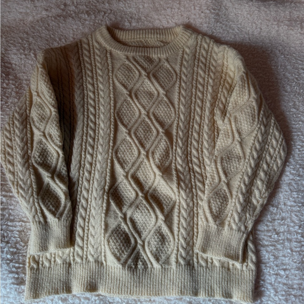 Cream Crew Neck Cable Knit Sweater with Textured Patterns
